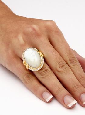 珍珠母贝立方氧化锆(苏联钻)戒托镀14K黄金女士戒指美国代购50037