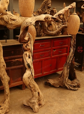 原生态枯木落地灯桌面禅意灯饰 角落橱窗枯山水造景木艺 实木灯具