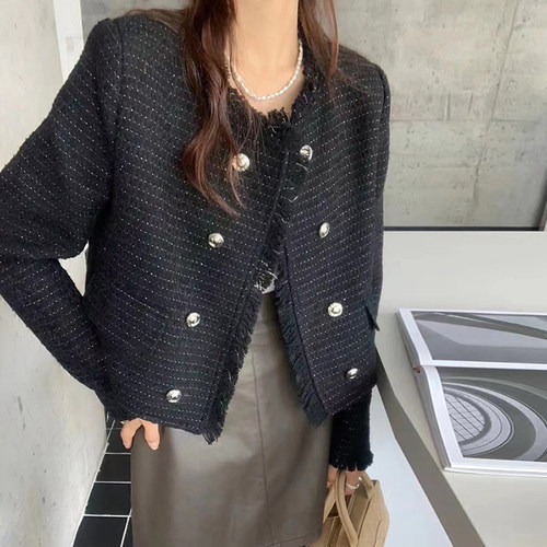 韩版白色流苏小香风短款外套女秋季小个子双排扣气质名媛精致上衣 - 图0