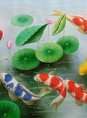 九鱼图招财风水镇宅横版手绘油画