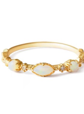 日系轻奢aget*e同款流光溢彩古法工艺天然石欧泊蛋白石戒指叠戴