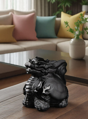 天然黑曜石龙龟摆件手工雕刻玄关家居客厅黑色水晶吉祥物装饰礼品