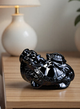 天然黑曜石母子龙龟摆件客厅玄关办公室桌面装饰品吉祥物车载礼物
