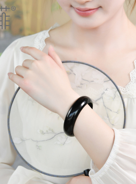 收藏级天然乌金黑曜石手镯女正品水晶手链手串圆条宽镯玉石镯子