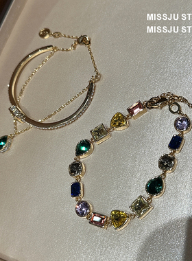 彩色锆石手串多巴胺设计感轻奢高级感气质手饰方钻绿水滴手镯甜美