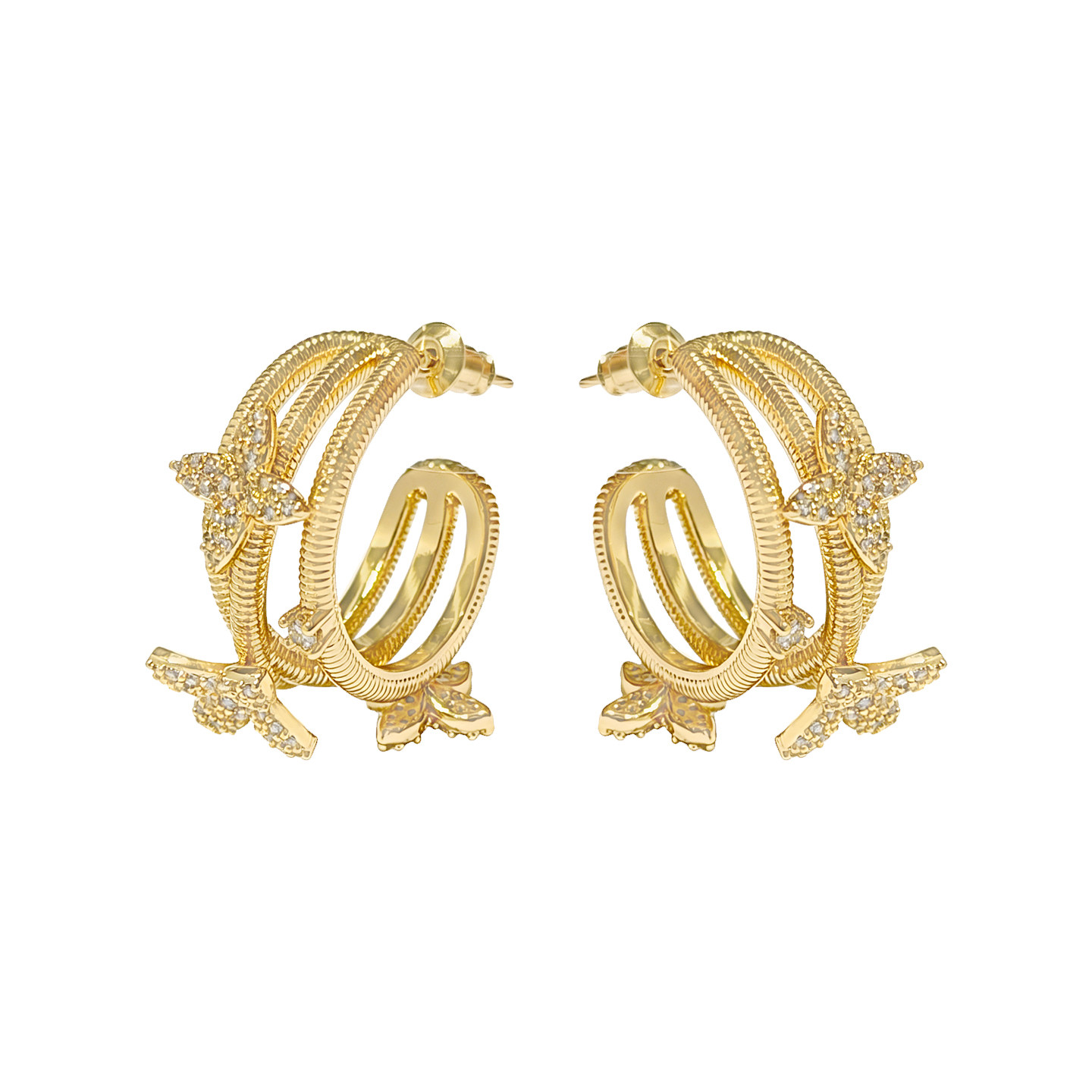 Designer metal texture C-shaped diamond hoop four-leaf flower butterfly earrings necklace ring set flowers