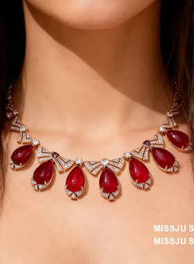 鸽血红蝴蝶结优雅高定款人造红宝石水滴蝴蝶结镶钻项链耳环新年