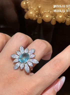琚小姐蓝钻花朵戒指女开口指环