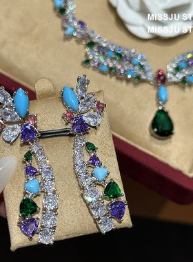 奢华超重工红宝石玫红金扇形扇子白贝母耳环项链女套装锁骨链满钻