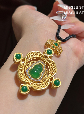 新中式国风如意绿葫芦项链罗盘吊坠古法金玉满堂项链女黑色编绳