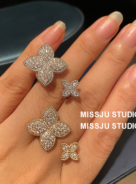 冷淡风镶钻四叶草法式可调节戒指