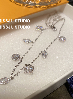 方形圆形树叶f多个吊q坠镶钻气质百搭几何形锆石项链简约锁骨颈链