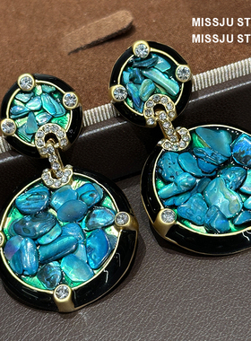 高定孔雀蓝耳环贵气黑珐琅蓝贝壳耳环女圆形宫廷风重工欧美珠宝款