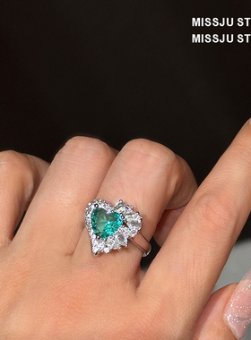 绿色爱心水晶海洋之心水滴耳环项链戒指套装宴会奢华大气耳钉宴会