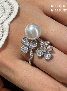 新款花瓣巴洛克花朵珍珠戒指立体花朵造型开口可调节小众食指戒