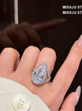 美炸了满钻奢华配饰水滴锆钻戒指满镶重工开口指环轻奢气质高级感