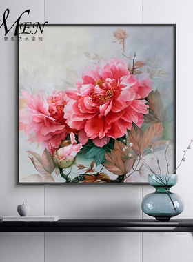 纯手绘红色牡丹花油画客厅卧室新中式现代简约装饰画花卉静物壁画
