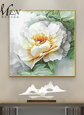 大芬村白色牡丹花卉油画客餐厅纯手绘新中式轻奢现代简约装饰挂画