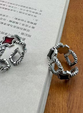 暗黑骑士十字镶嵌纯银戒指复古