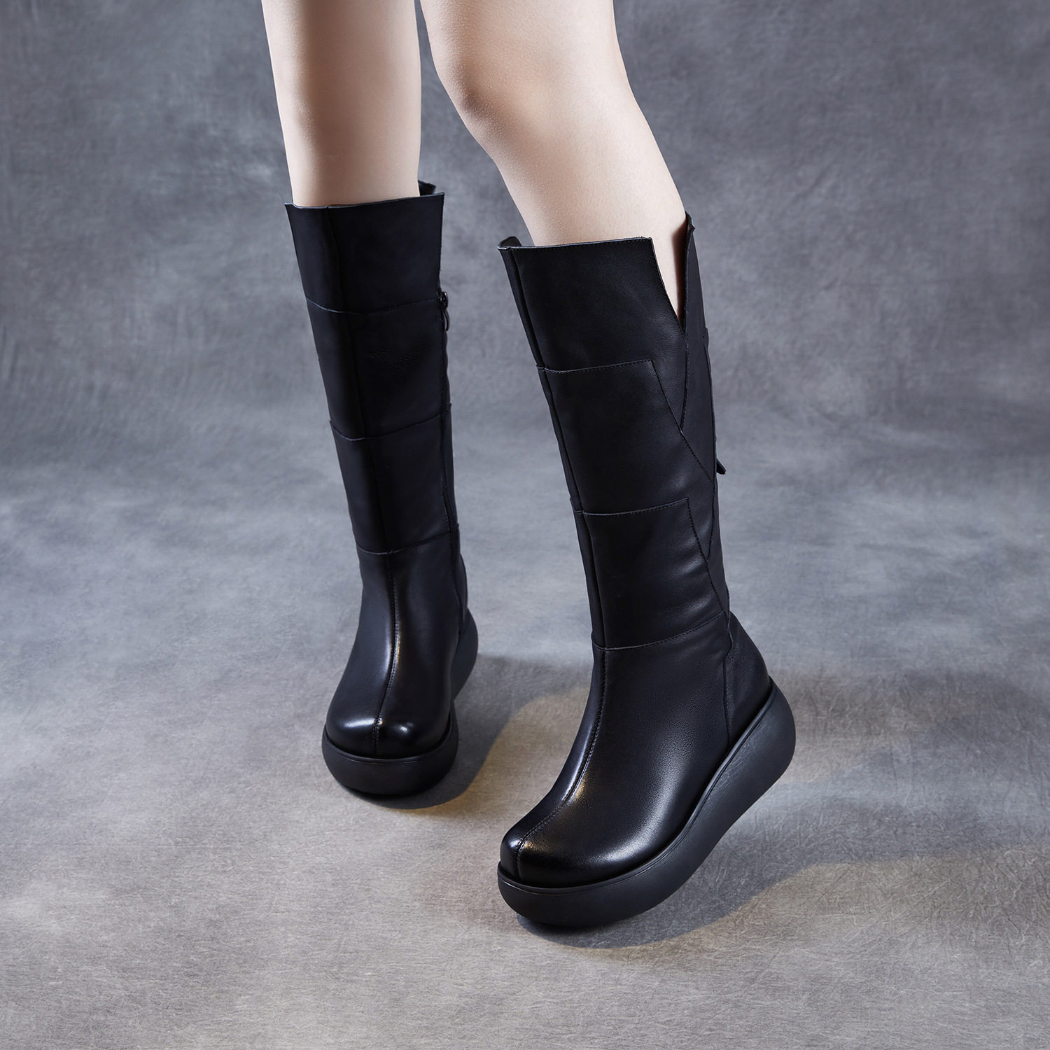 小个子坡跟厚底高筒骑士靴女2025新款冬季真皮松糕及膝加绒长筒靴,淘宝优惠券,粉丝福利购,淘宝优惠卷