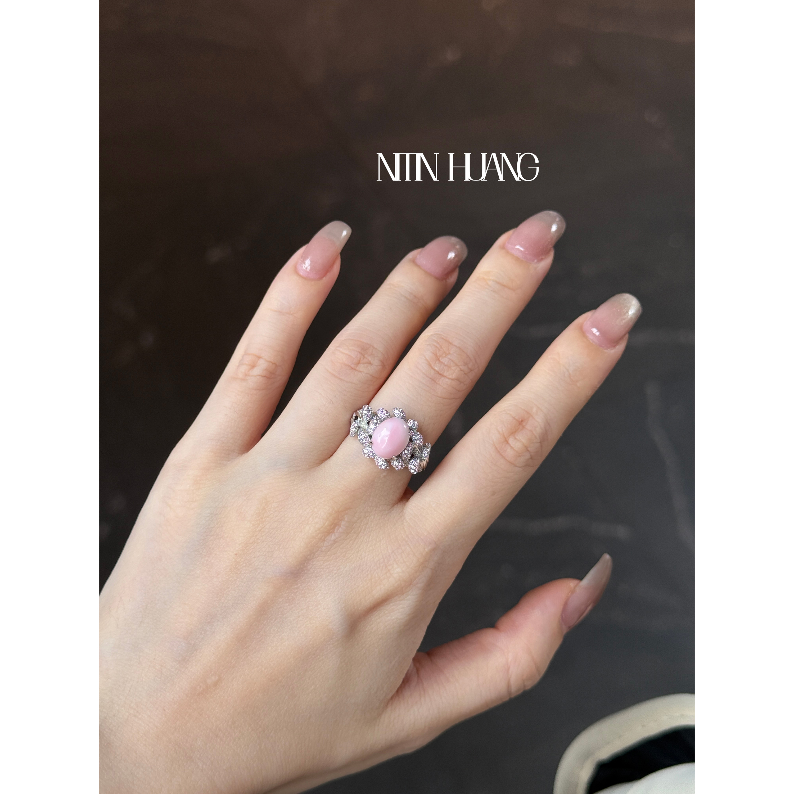 NITIN HUANG 天然粉贝胭脂粉花簇戒指 通体925纯银镀金轻奢 - 图2