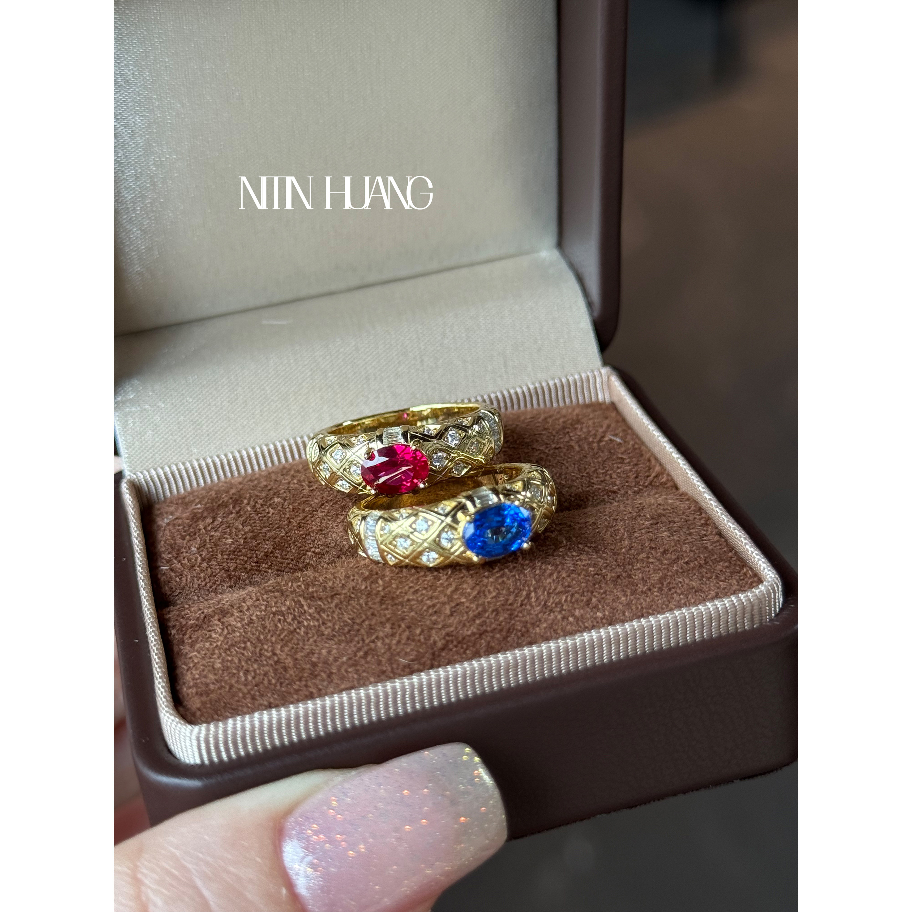 NITIN HUANG Lvjia same style cultured ruby 1 carat egg-shaped plaid ring 925 sterling silver plated with real gold