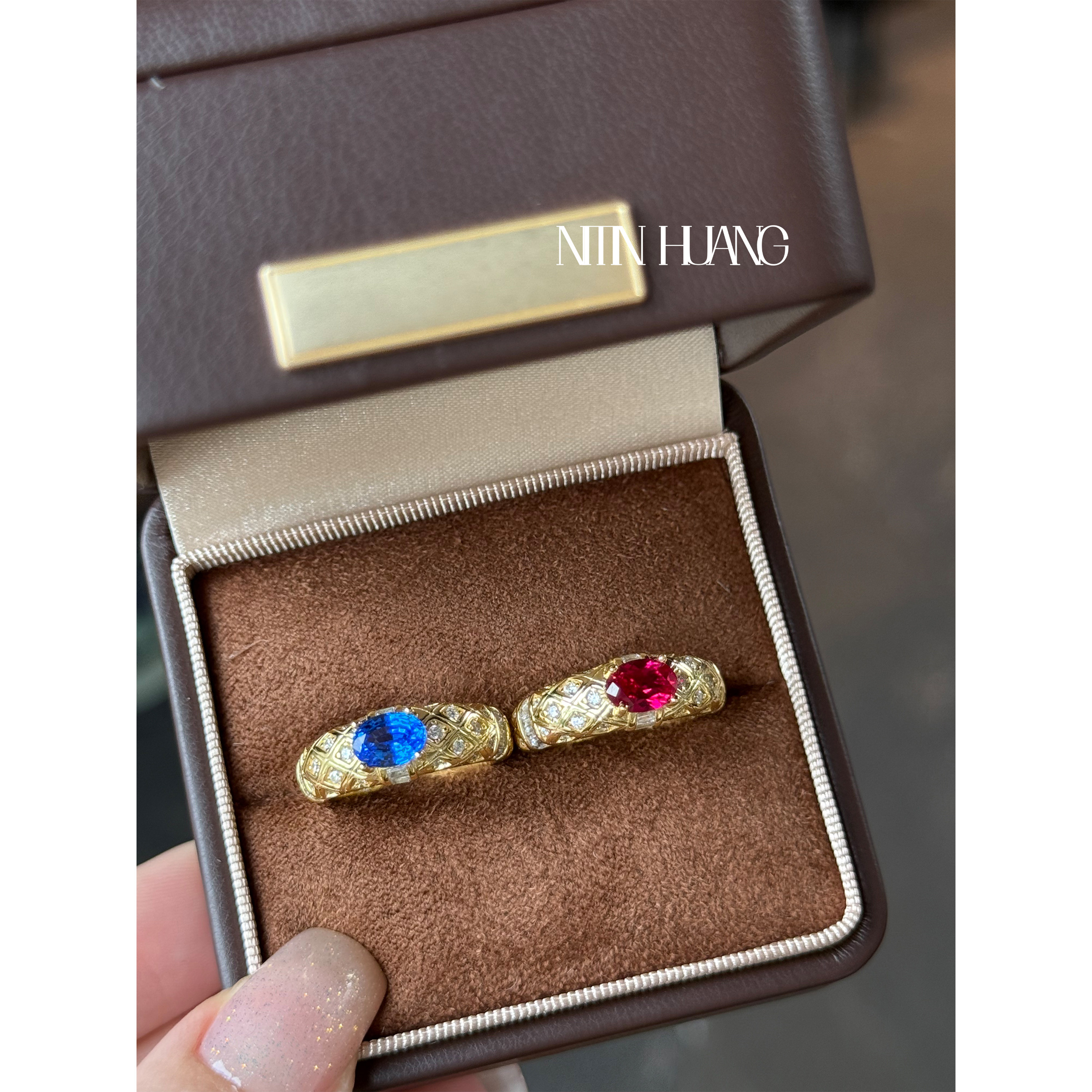 NITIN HUANG Lvjia same style cultured ruby 1 carat egg-shaped plaid ring 925 sterling silver plated with real gold