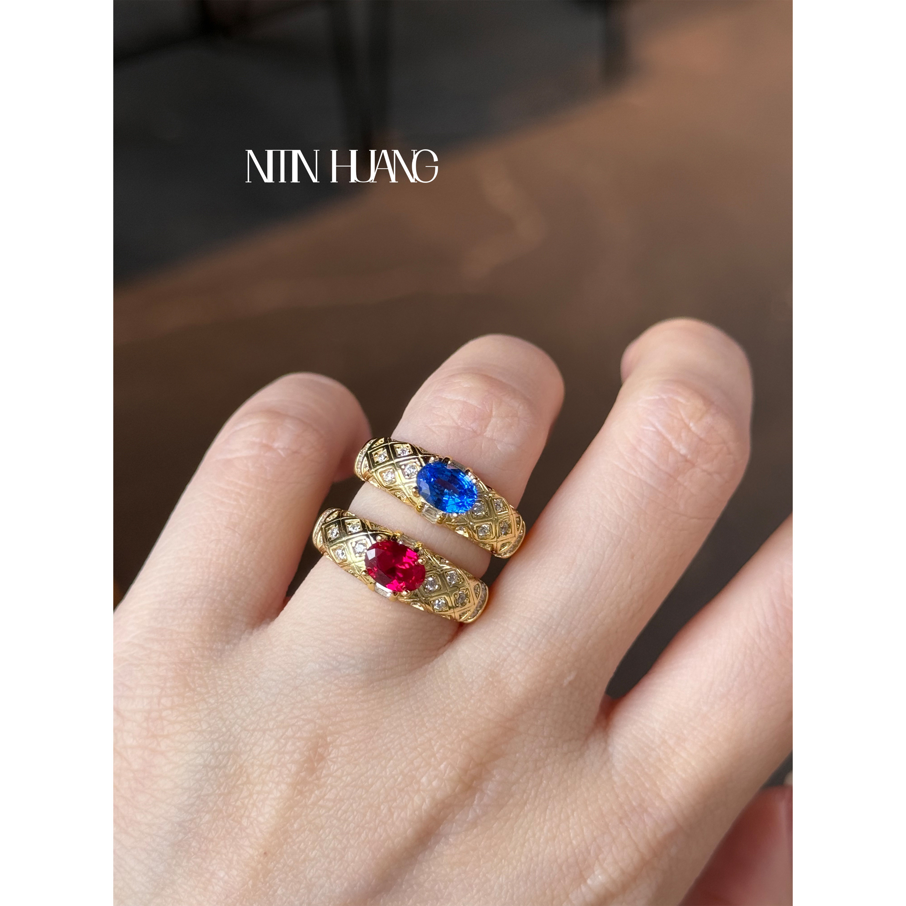 NITIN HUANG Lvjia same style cultured ruby 1 carat egg-shaped plaid ring 925 sterling silver plated with real gold