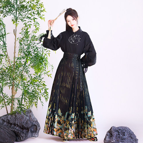 九天汉韵原创设计汉服男女明制满仿妆花缎百褶织金马面裙蓉城之下 - 图1