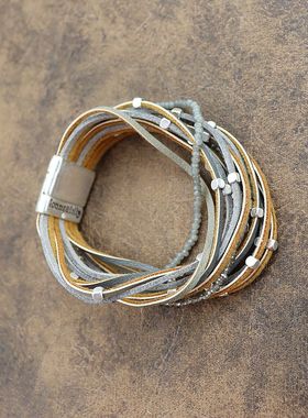 欧美时尚复古中古款多层灰色皮绳磁吸手链vintage