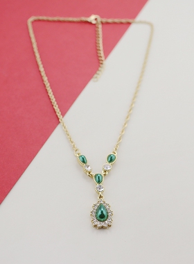 欧美金色绿色宝石镶嵌项链时尚百搭个性项链优雅水滴吊坠