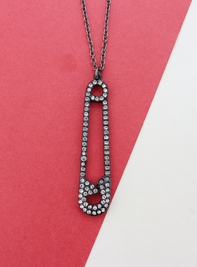 BJ欧美黑色亮钻别针项链时尚百搭个性独特设计气质高级感