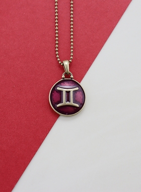 LK欧美复古做旧十二星座红色吊坠项链时尚百搭个性项链