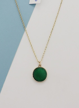 LK欧美复古绿色圆牌吊坠项链精致气质时尚百搭个性vintage