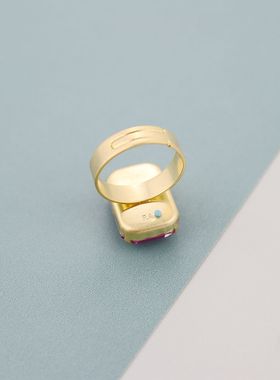 RA欧美时尚玫红色长方形宝石戒指轻奢小众设计感高级感气质百搭