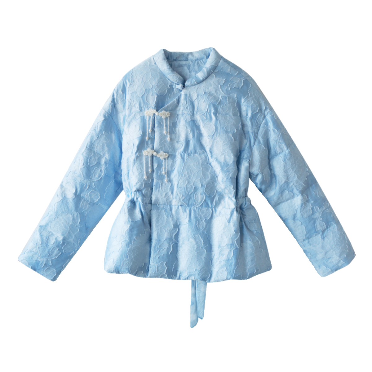 现货【汀花雨细】复古天丝剪花短款羽绒服女冬流苏式盘扣收腰外套,淘宝优惠券,粉丝福利购,淘宝优惠卷