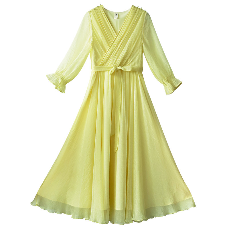 现货【流光梦影】复古V领连衣裙女夏黄色雪纺裙系带收腰裙送披肩,淘宝优惠券,粉丝福利购,淘宝优惠卷