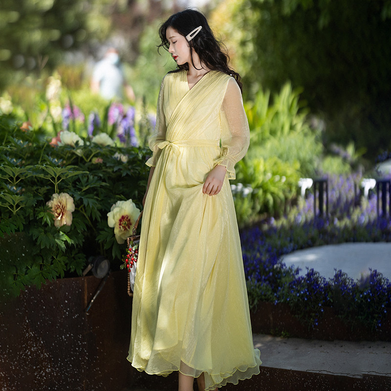 现货【流光梦影】复古V领连衣裙女夏黄色雪纺裙系带收腰裙送披肩,淘宝优惠券,粉丝福利购,淘宝优惠卷