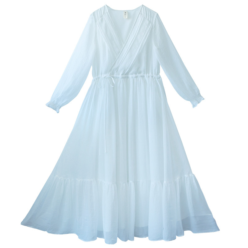 6折【虚白】复古蕾丝花边裙收腰白色连衣裙女春季V领轻薄仙气裙,淘宝优惠券,粉丝福利购,淘宝优惠卷