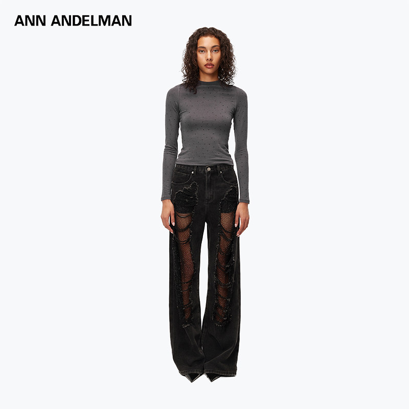 【明星同款】ANN ANDELMAN直筒宽松网纱破洞闪闪黑钻牛仔裤女,淘宝优惠券,粉丝福利购,淘宝优惠卷
