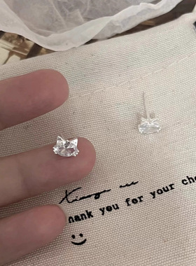 蒂奇纯银999精致可爱超闪小猫咪耳钉女气质小巧镶闪锆高级感耳饰