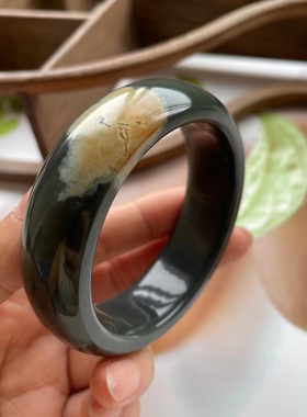 河磨玉手镯宽口厚壁56口径天然玉石平安镯一点皮籽料镯子