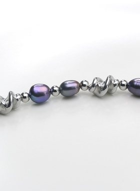 男士天然珍珠手链巴洛克大溪地色黑色深色系钛钢延长链款精工重工