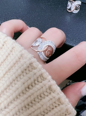 雨熙家意大利定制通体925纯银水晶排钻双色交错戒指