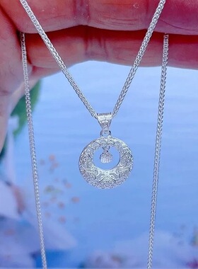 足银999万能爱心可调节抽拉项链女纯银花丝吊坠时尚简约送人礼物