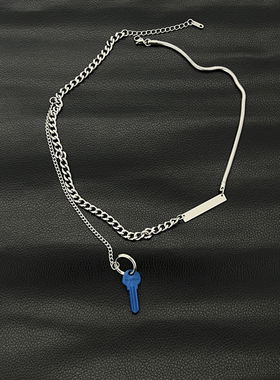 蓝色钥匙吊坠男士轻奢锁骨链