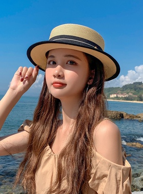 韩版时尚百搭小帽檐平顶草帽女春夏季度假户外运动防晒遮阳帽子潮
