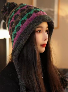 秋冬费尔岛护耳帽包头网格帽子女