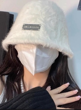 兔毛帽子女冬白色渔夫帽显脸小秋冬季百搭潮网红毛茸茸保暖水桶帽
