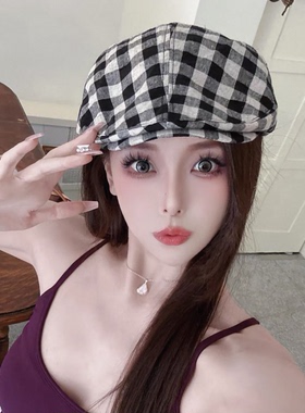 亚麻薄款格子前进帽女夏季新款